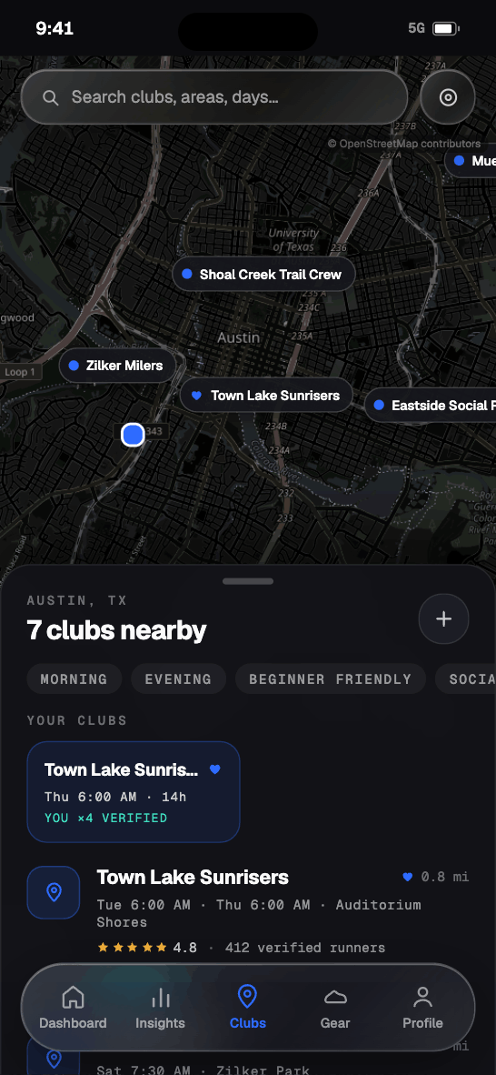 Clubs tab — a dark map of Austin with club pins, and a sheet listing 7 clubs nearby with your favorites first