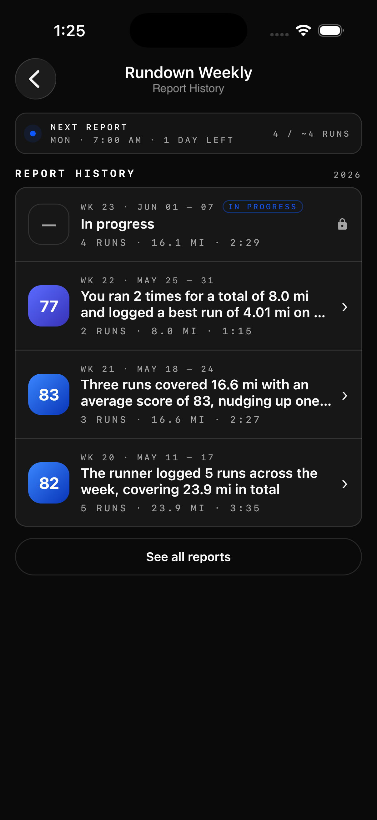 Rundown Weekly report history
