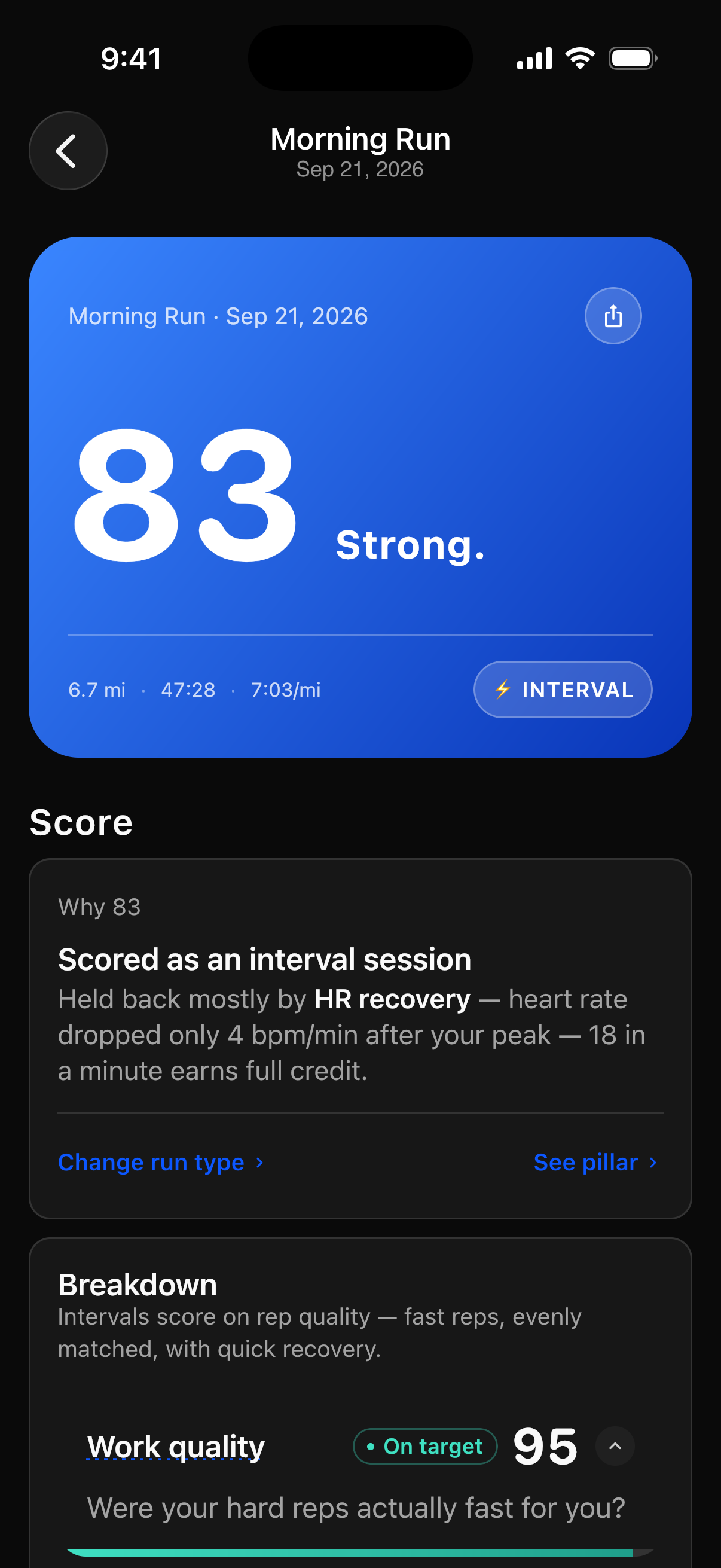 Rundown run detail — a 6.7 mile interval session scored 83, Strong